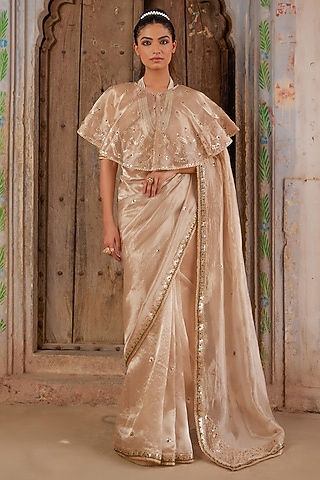Gold Tissue Hand Embellished Jacket Saree Set by Geroo Jaipur