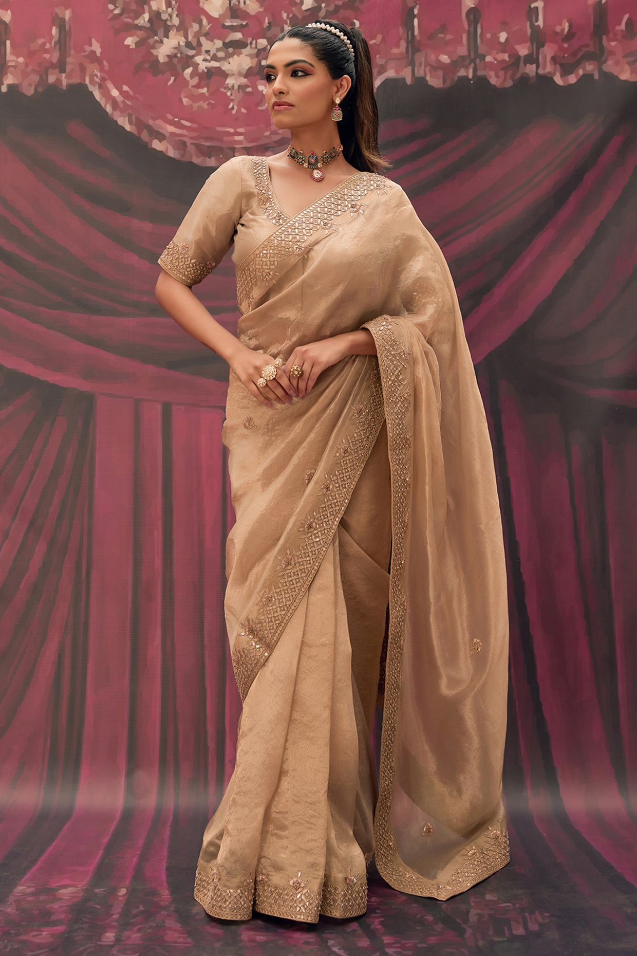 Antique Gold Tissue Hand Embellished Wedding Saree Set by Geroo Jaipur at Pernia's Pop Up Shop