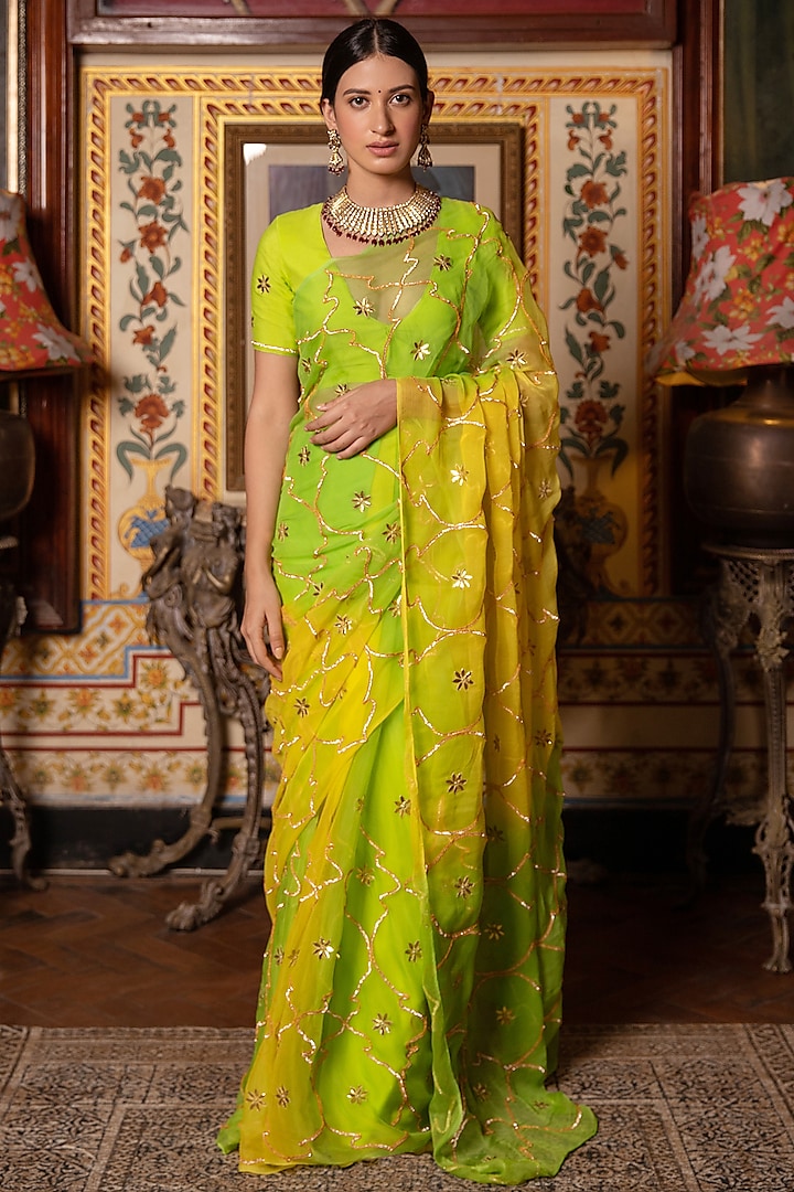 Green & Yellow Chiffon Embroidered Saree by Geroo Jaipur