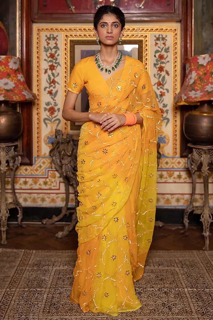 Yellow Organic Jaal Chiffon Embroidered Saree Set by Geroo Jaipur