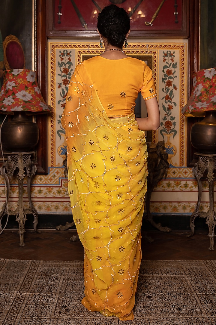 Yellow Organic Jaal Chiffon Embroidered Saree Set by Geroo Jaipur