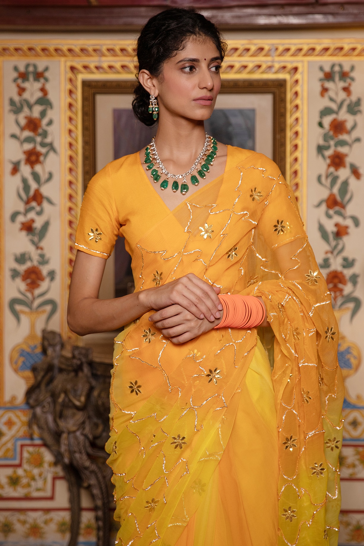 Yellow Chiffon Embroidered Saree Design by Geroo Jaipur at