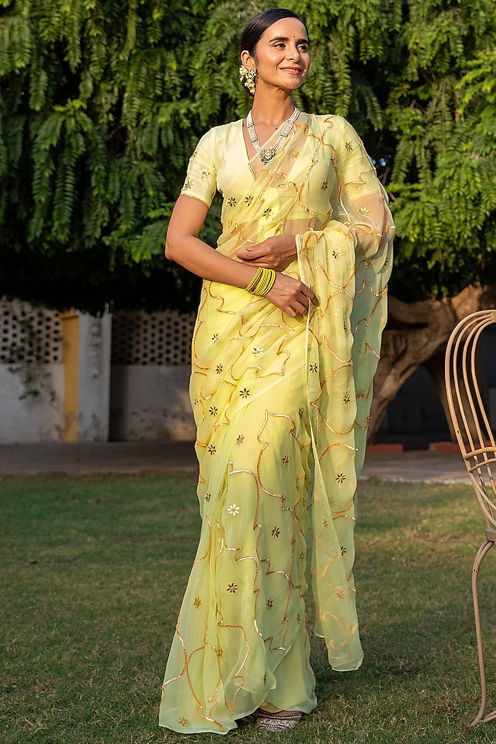 Lime Green Chiffon Embroidered Saree Set by Geroo Jaipur