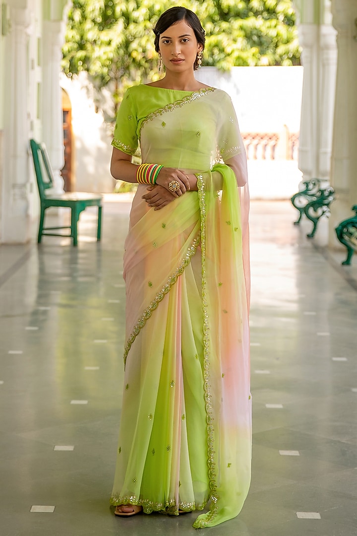 Lime Green & Peach Gota Embellished Pure Chiffon Saree Set by Geroo Jaipur