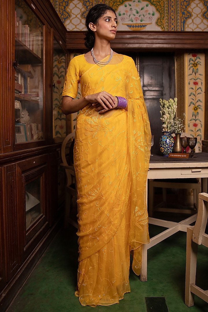 Yellow Organic Chiffon Jaal Embroidered Saree Set by Geroo Jaipur