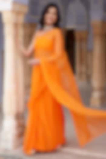 Orange Chiffon Mukaish Hand Embroidered Festive Saree Set by Geroo Jaipur at Pernia's Pop Up Shop