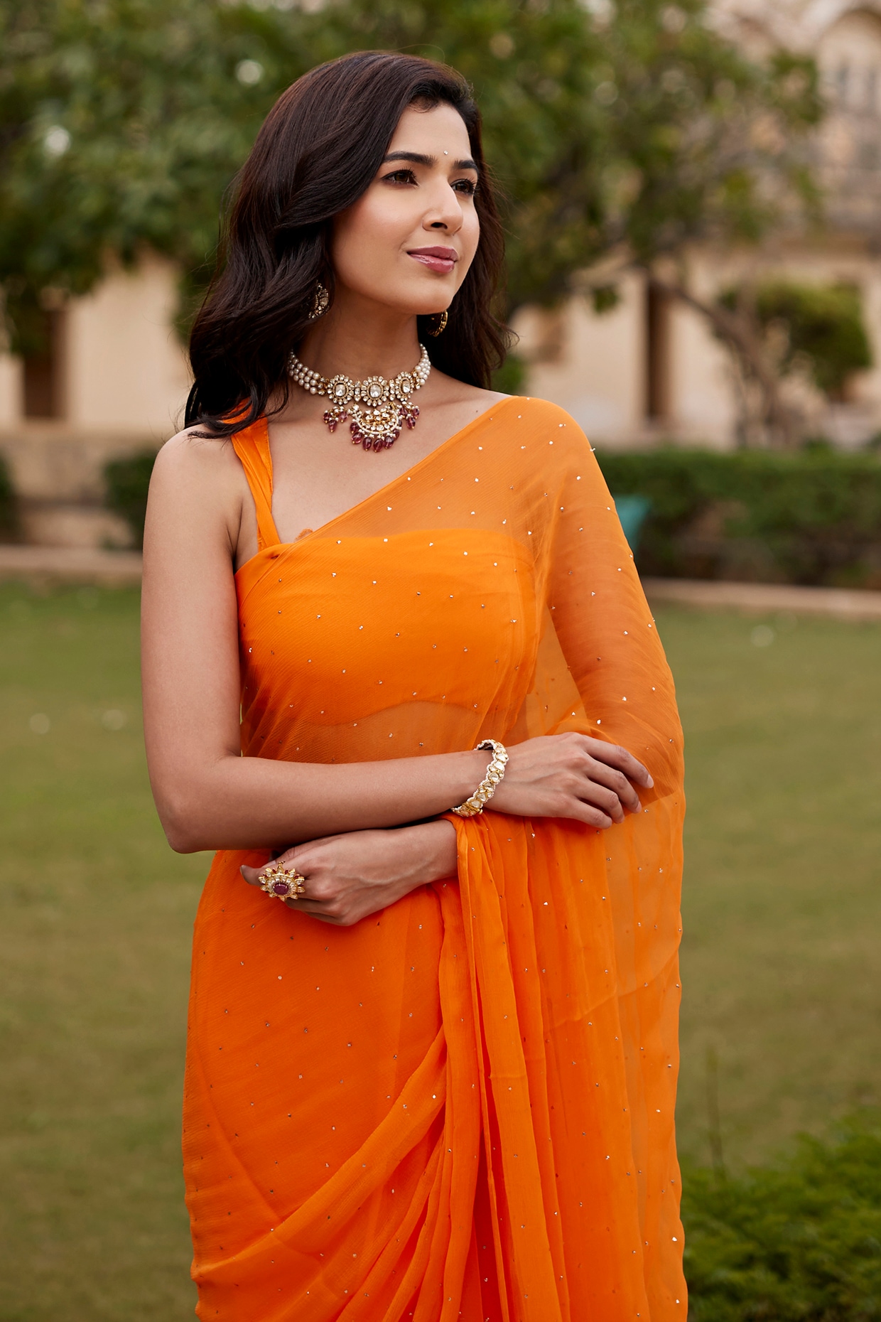 Orange Chiffon Gold Embroidered Saree Set Design by GOPI VAID at Pernia's  Pop Up Shop 2024