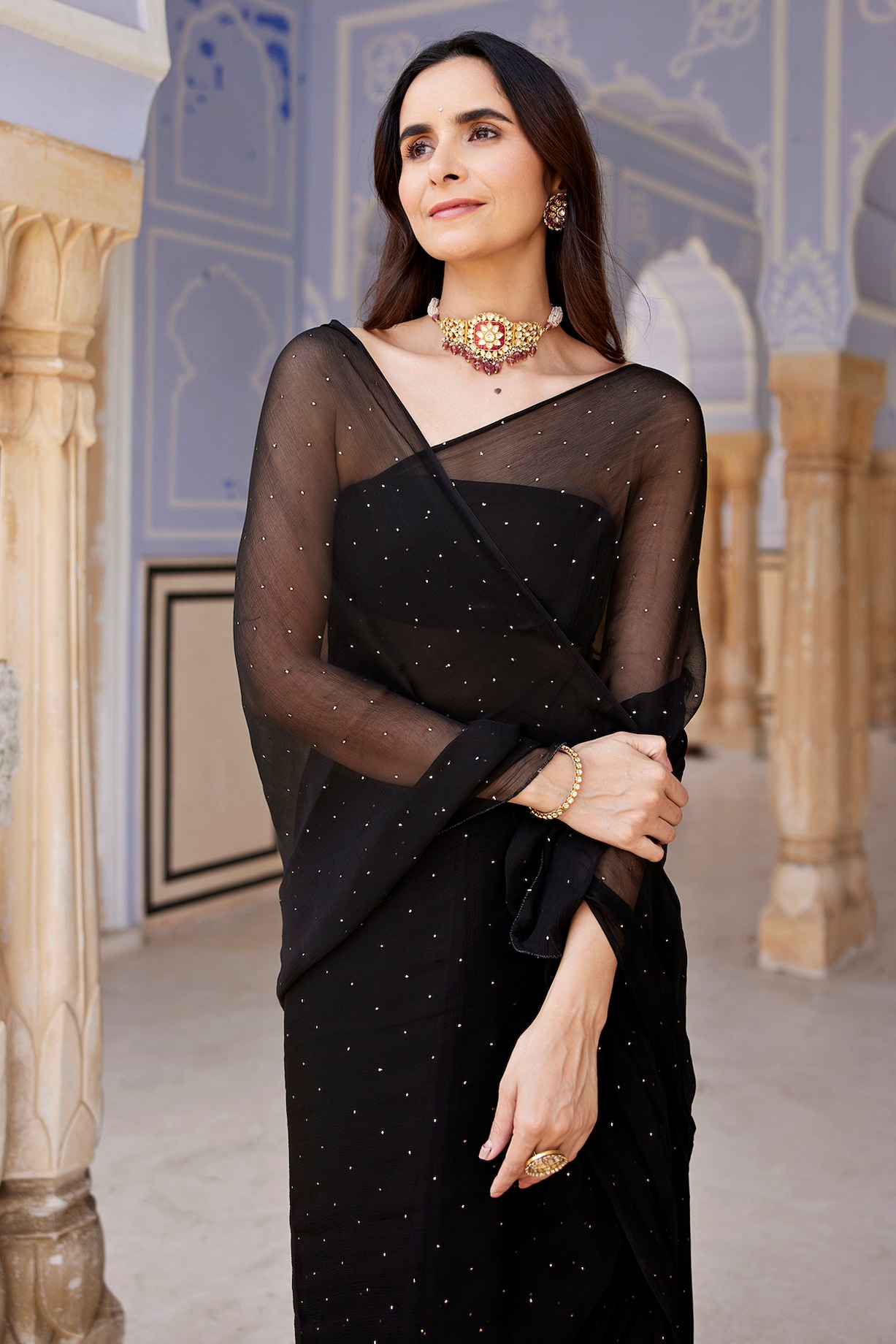 Chiffon Saree with Mukaish Embroidery In Peacock Pattern & Zari Border, Benarasi Blouse