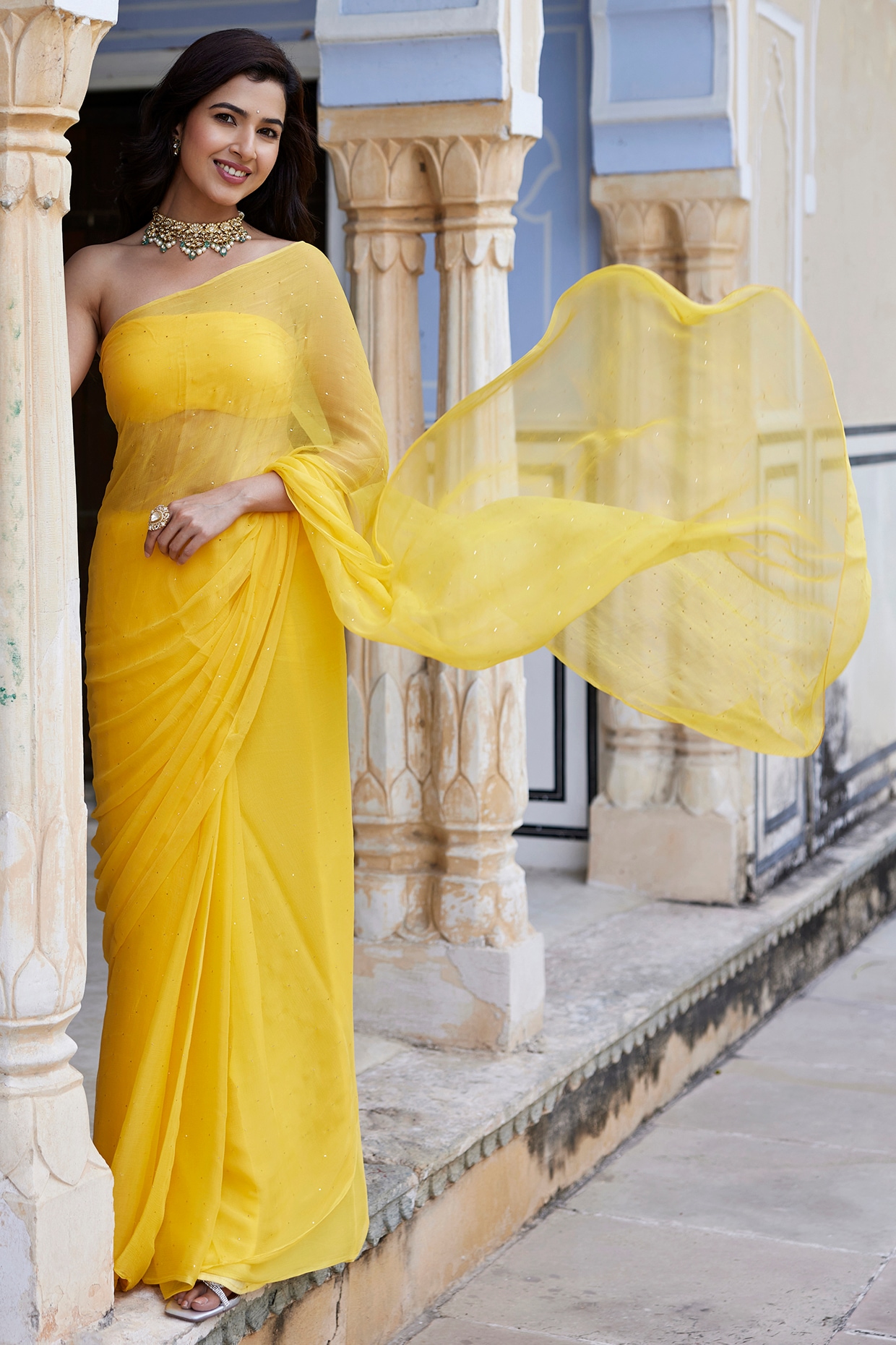 Mustard Yellow Chiffon Printed Saree – Leemboodi