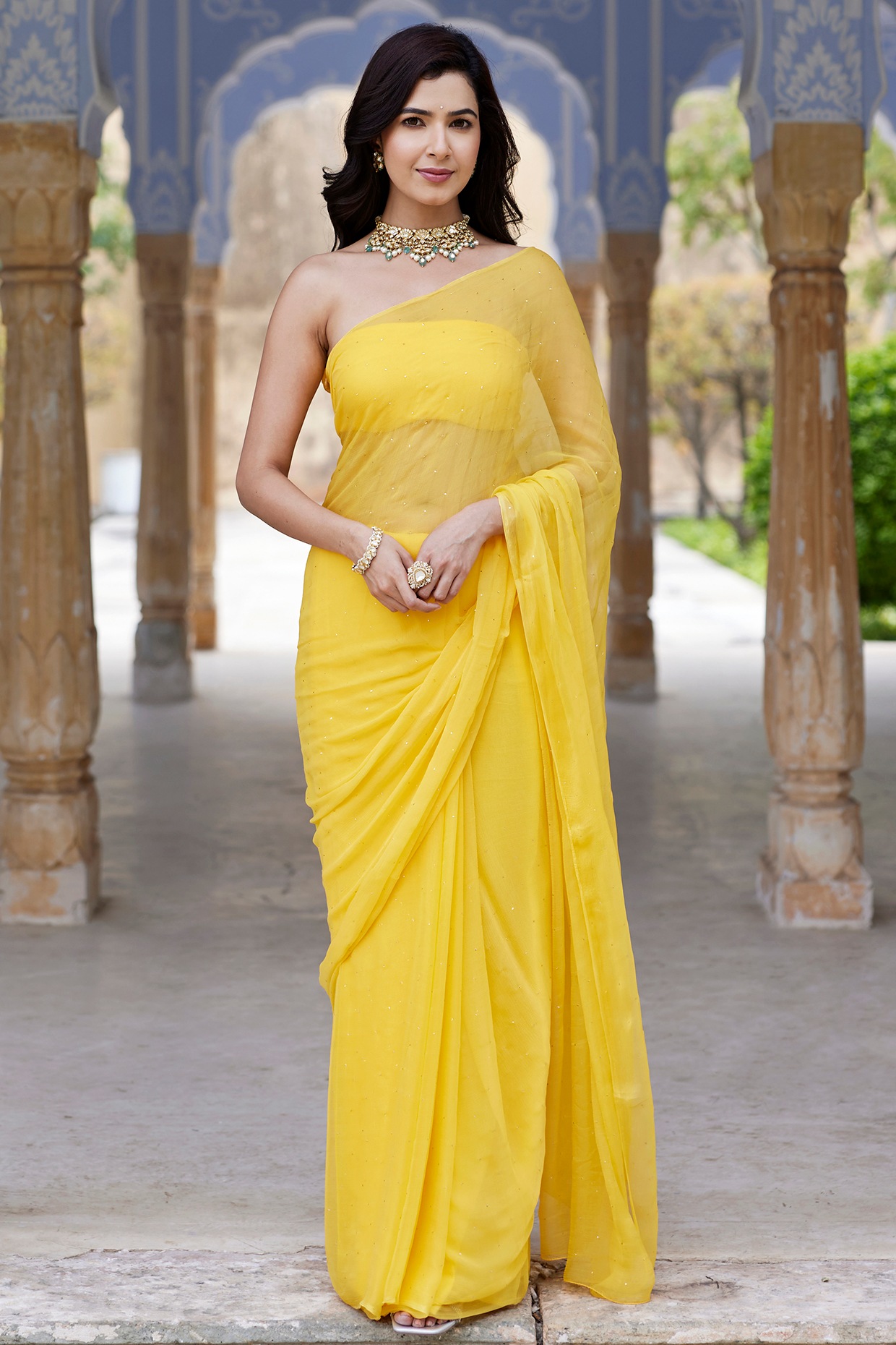 Buy online Beautiful Soft Chiffon Saree With Bandhni & Kalamkari Print -  Yellow-AF1686