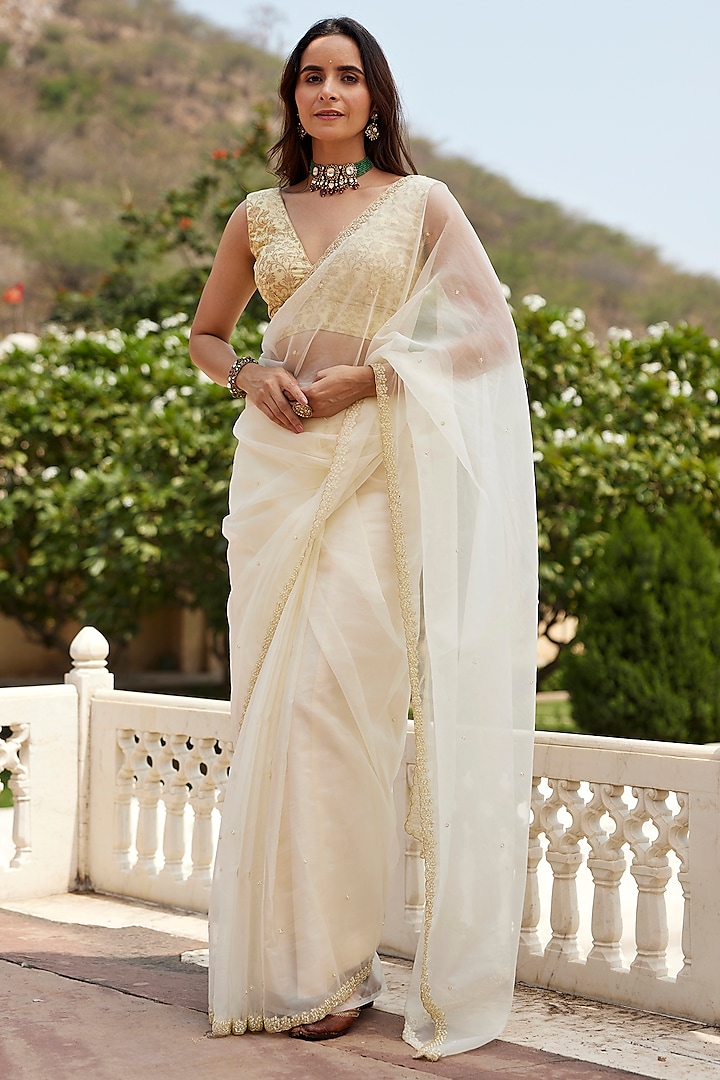 Pastel Cream Organza Pearl Hand Embroidered Saree Set by Geroo Jaipur