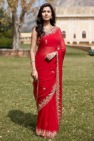 Red Chiffon Aari Hand Embroidered Saree Set by Geroo Jaipur