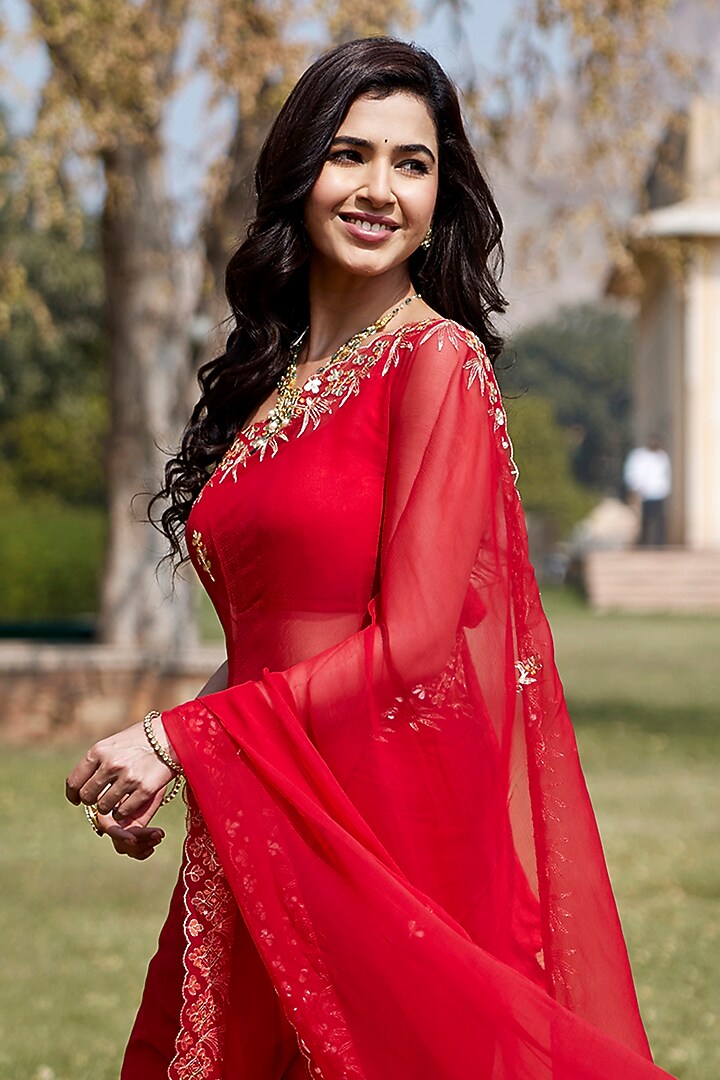 Red Chiffon Aari Hand Embroidered Party Wear Saree Set by Geroo Jaipur at Pernia's Pop Up Shop