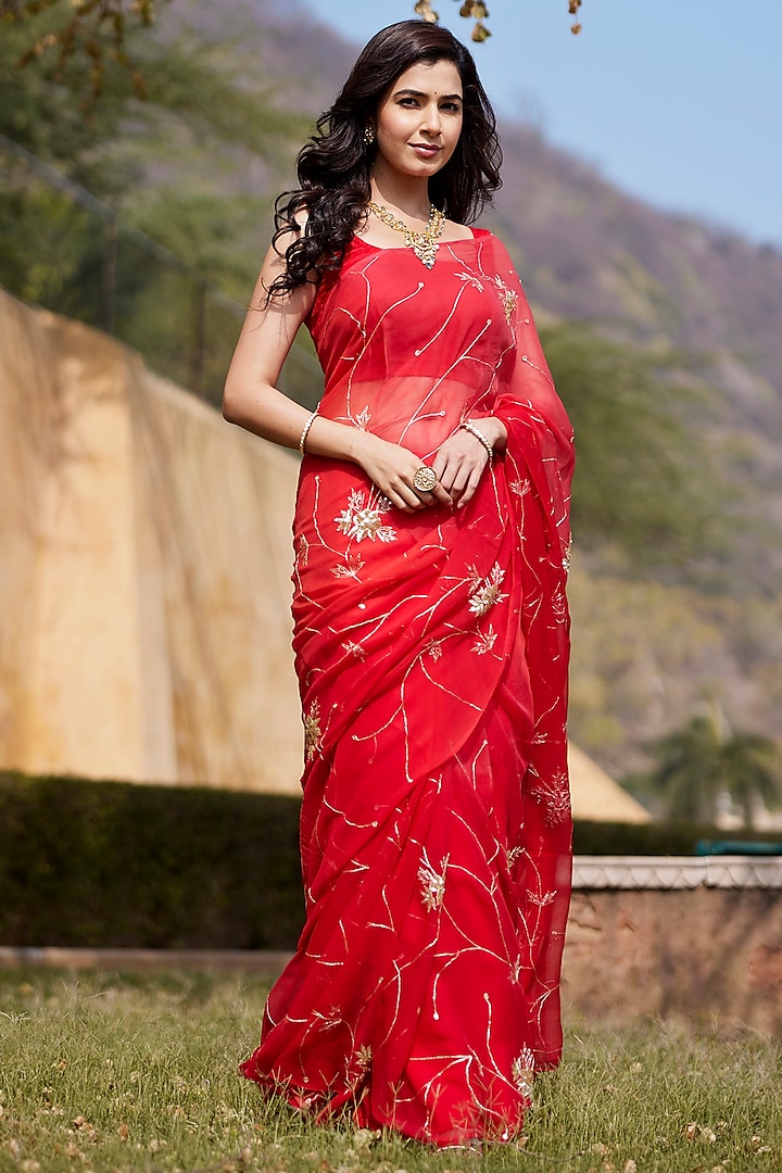 Red & Orange Chiffon Jaal & Aari Hand Embroidered Saree Set by Geroo Jaipur at Pernia's Pop Up Shop