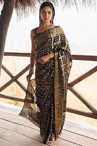 Black Georgette Zari Embroidered Bandhani Stitched Saree Set by Geroo Jaipur