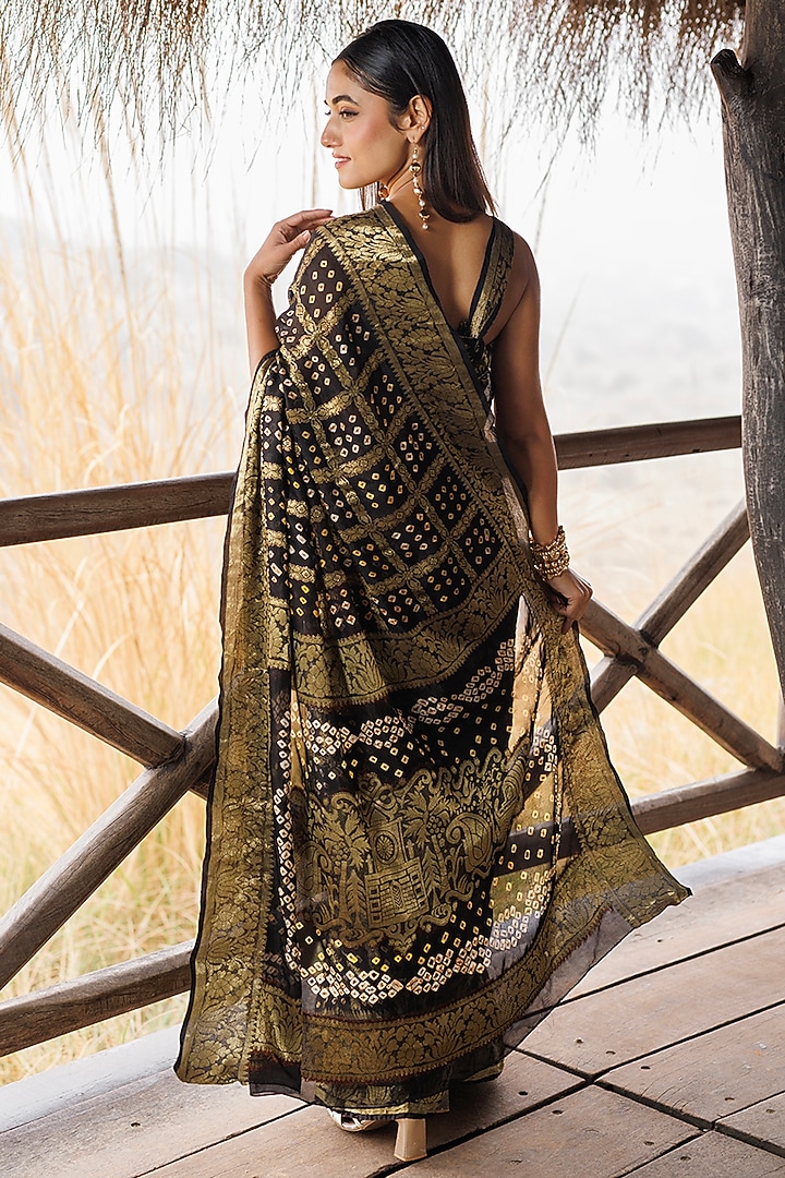 Black Georgette Zari Embroidered Bandhani Stitched Party Wear Saree Set by Geroo Jaipur at Pernia's Pop Up Shop