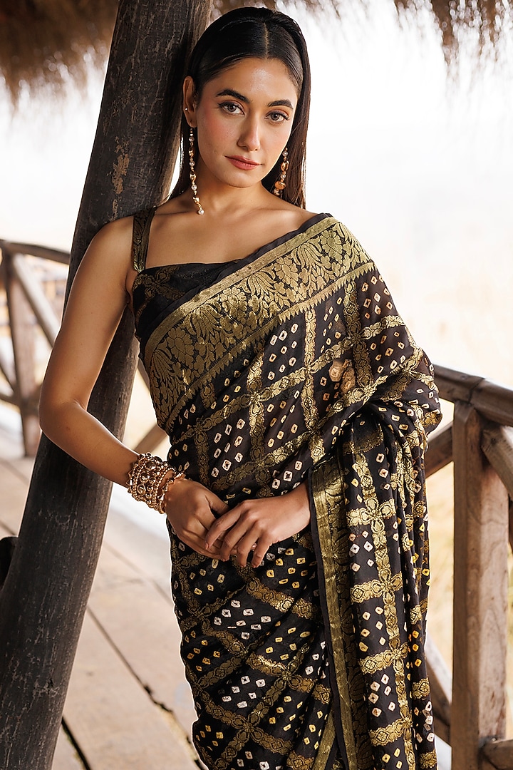 Black Georgette Zari Embroidered Bandhani Stitched Party Wear Saree Set by Geroo Jaipur at Pernia's Pop Up Shop