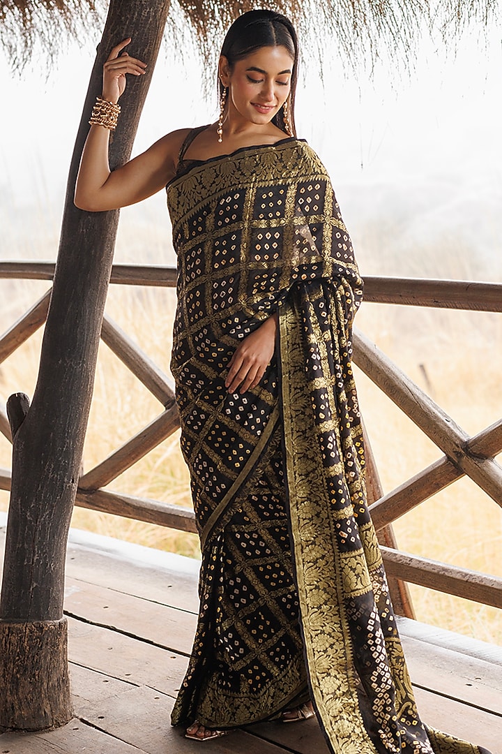 Black Georgette Zari Embroidered Bandhani Stitched Party Wear Saree Set by Geroo Jaipur at Pernia's Pop Up Shop