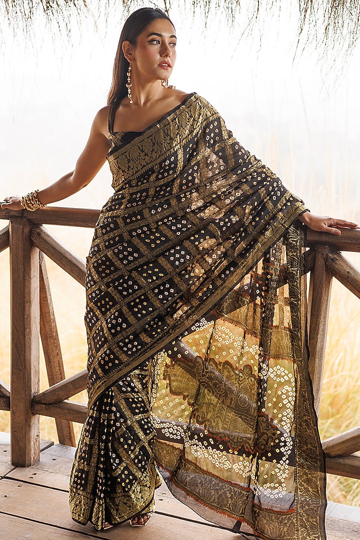 Black Georgette Zari Embroidered Bandhani Stitched Party Wear Saree Set by Geroo Jaipur at Pernia's Pop Up Shop
