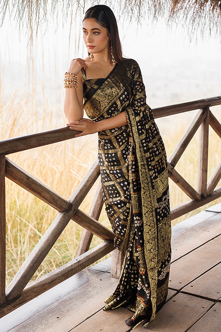 Black Georgette Zari Embroidered Bandhani Stitched Party Wear Saree Set by Geroo Jaipur at Pernia's Pop Up Shop