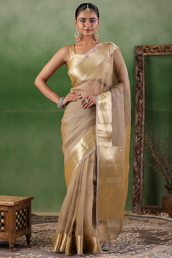Beige Crushed Tissue Zari Embroidered Wedding Saree Set by Geroo Jaipur at Pernia's Pop Up Shop