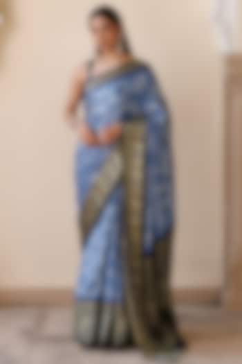 Grey Gajji Silk Printed & Zari Embroidered Wedding Saree Set by Geroo Jaipur at Pernia's Pop Up Shop