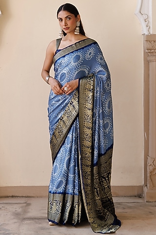 Grey Gajji Silk Printed & Zari Embroidered Saree Set by Geroo Jaipur