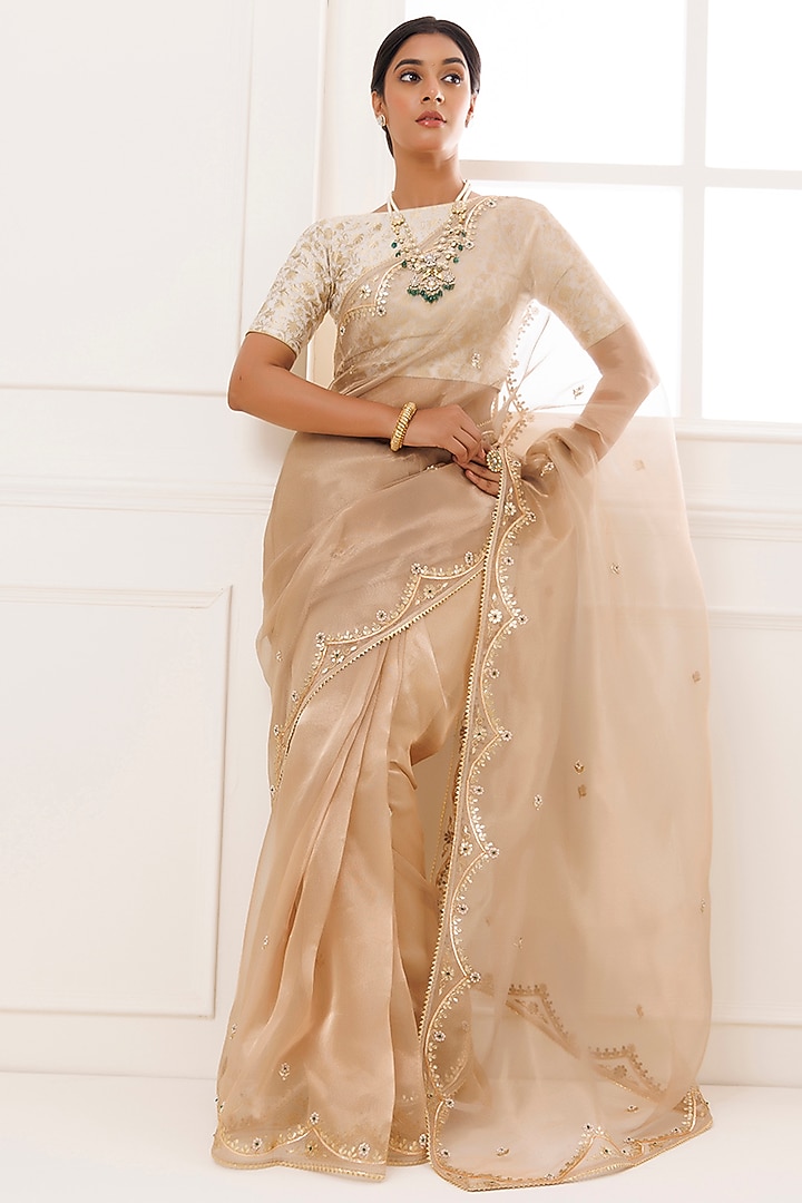 Golden Pure Tissue Gota Patti Work Wedding Saree Set by Geroo Jaipur at Pernia's Pop Up Shop