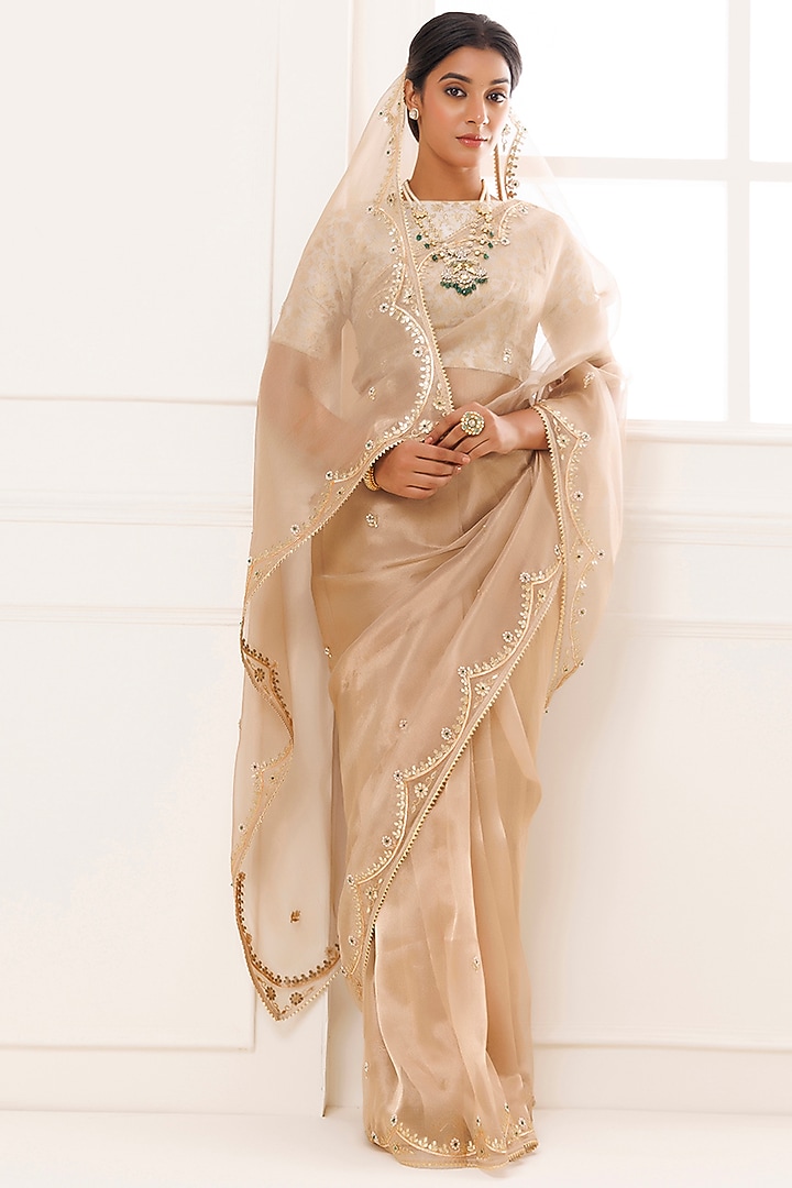 Golden Pure Tissue Gota Patti Work Wedding Saree Set by Geroo Jaipur at Pernia's Pop Up Shop