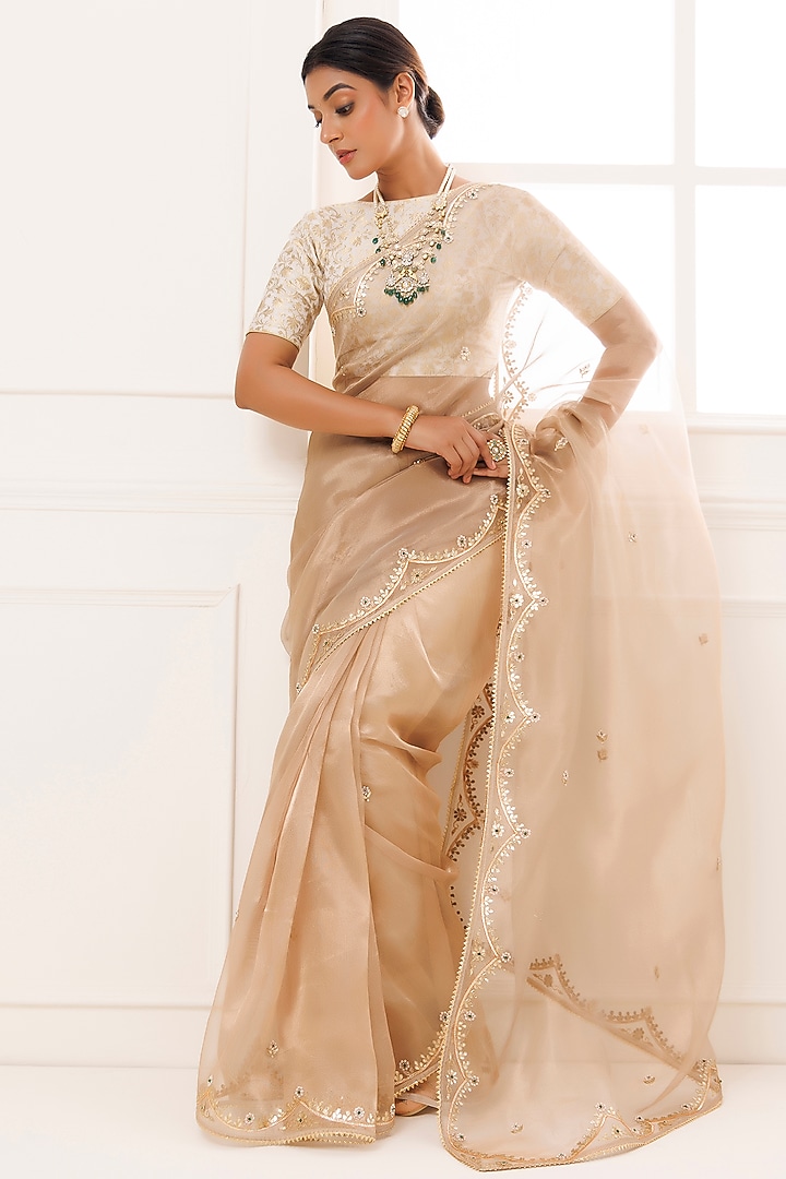 Golden Pure Tissue Gota Patti Work Wedding Saree Set by Geroo Jaipur at Pernia's Pop Up Shop