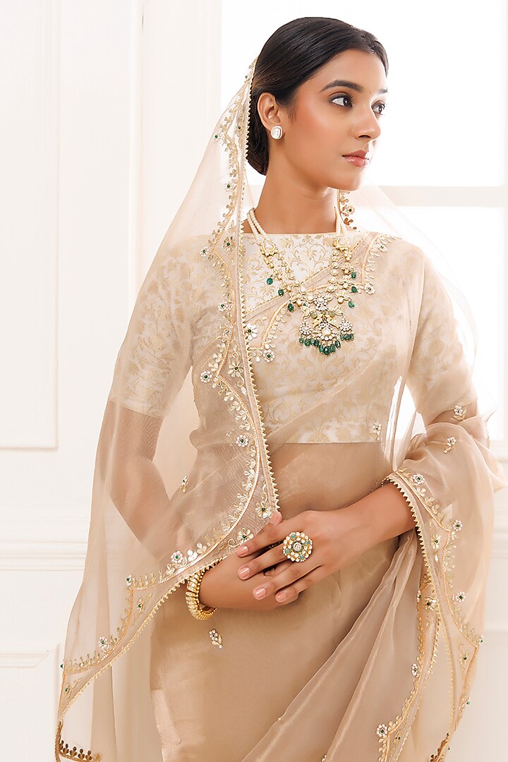 Golden Pure Tissue Gota Patti Work Wedding Saree Set by Geroo Jaipur at Pernia's Pop Up Shop
