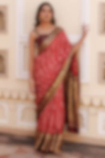 Red Gajji Silk Bandhani Printed & Embroidered Wedding Saree Set by Geroo Jaipur at Pernia's Pop Up Shop