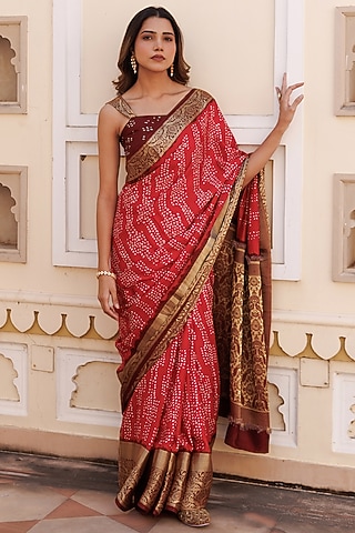 Red Gajji Silk Bandhani Printed & Embroidered Saree Set by Geroo Jaipur