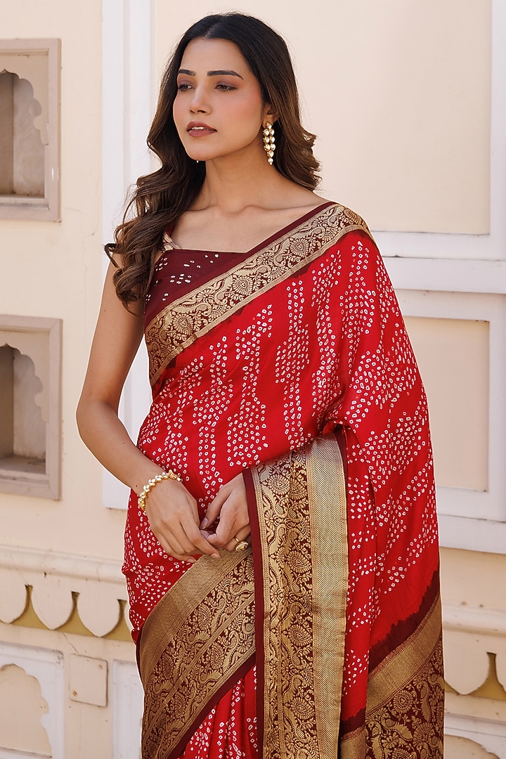 Red Gajji Silk Bandhani Printed & Embroidered Wedding Saree Set by Geroo Jaipur at Pernia's Pop Up Shop
