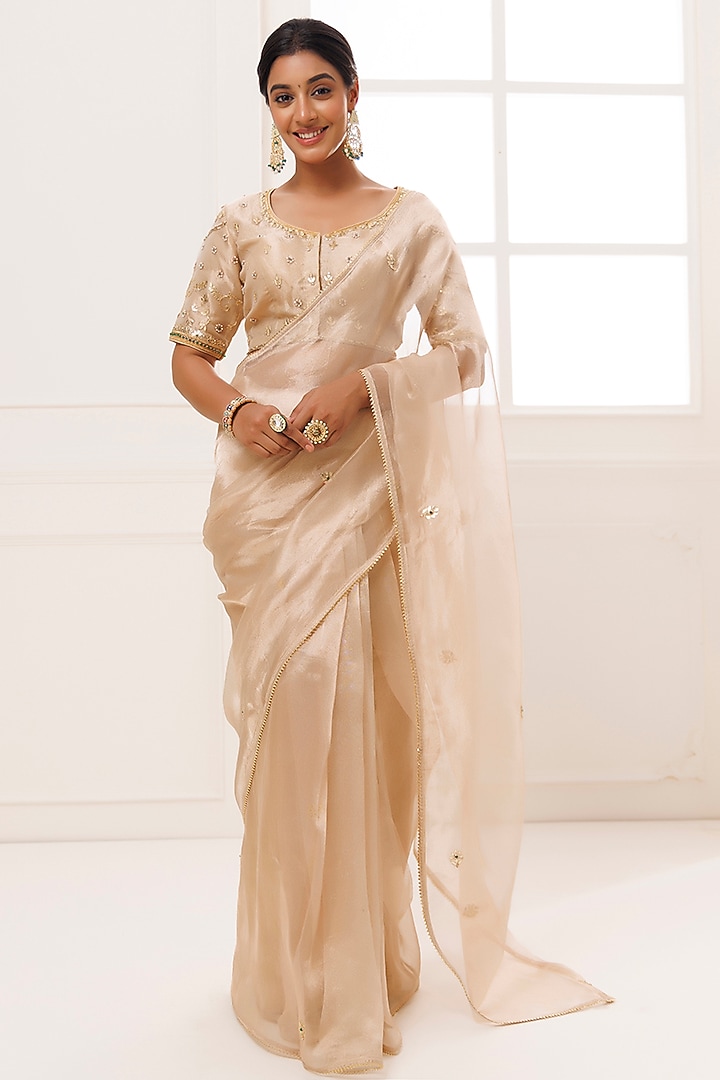 Golden Pure Tissue Gota Patti Work Wedding Saree Set by Geroo Jaipur at Pernia's Pop Up Shop