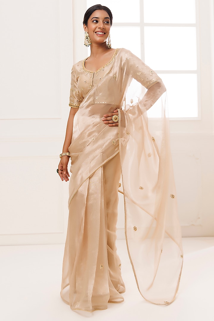 Golden Pure Tissue Gota Patti Work Wedding Saree Set by Geroo Jaipur at Pernia's Pop Up Shop
