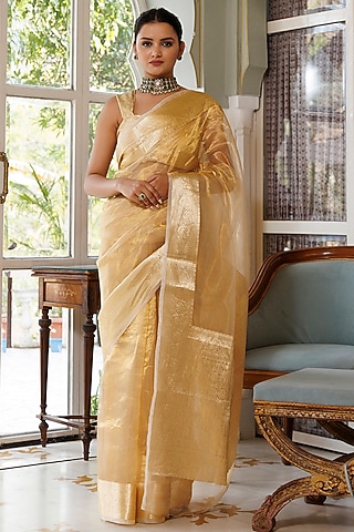 Golden Tissue Zari Work Banarasi Handwoven Saree Set by Geroo Jaipur