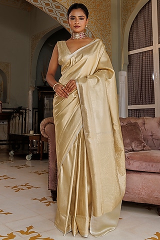 Golden Pure Banarasi Silk Zari Work Handwoven Saree Set by Geroo Jaipur