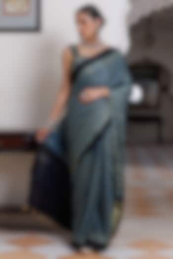 Indigo Modal Silk Ajrakh Hand Block Printed Wedding Saree Set by Geroo Jaipur at Pernia's Pop Up Shop
