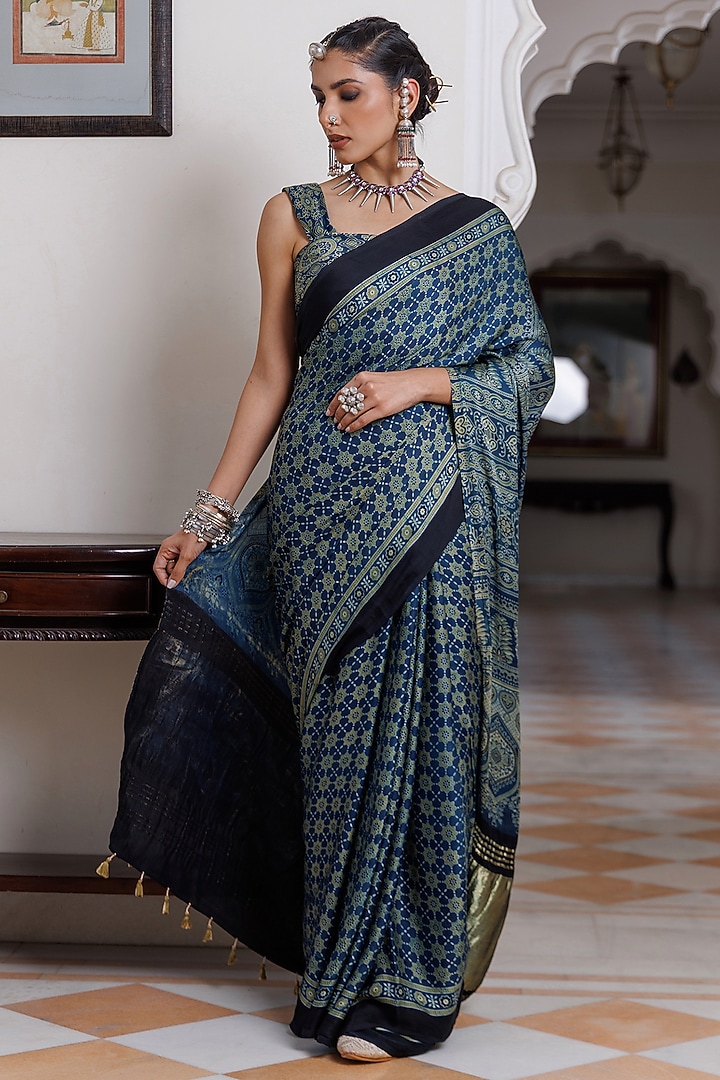 Indigo Modal Silk Ajrakh Hand Block Printed Wedding Saree Set by Geroo Jaipur at Pernia's Pop Up Shop