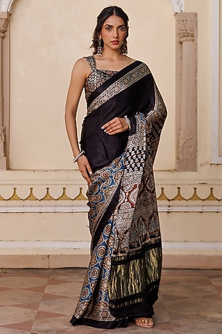 Black Modal Silk Ajrakh Hand Block Printed Saree Set by Geroo Jaipur