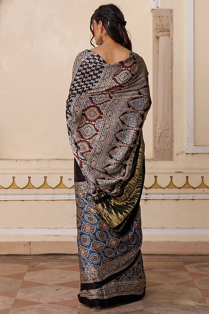 Black Modal Silk Ajrakh Hand Block Printed Wedding Saree Set by Geroo Jaipur at Pernia's Pop Up Shop