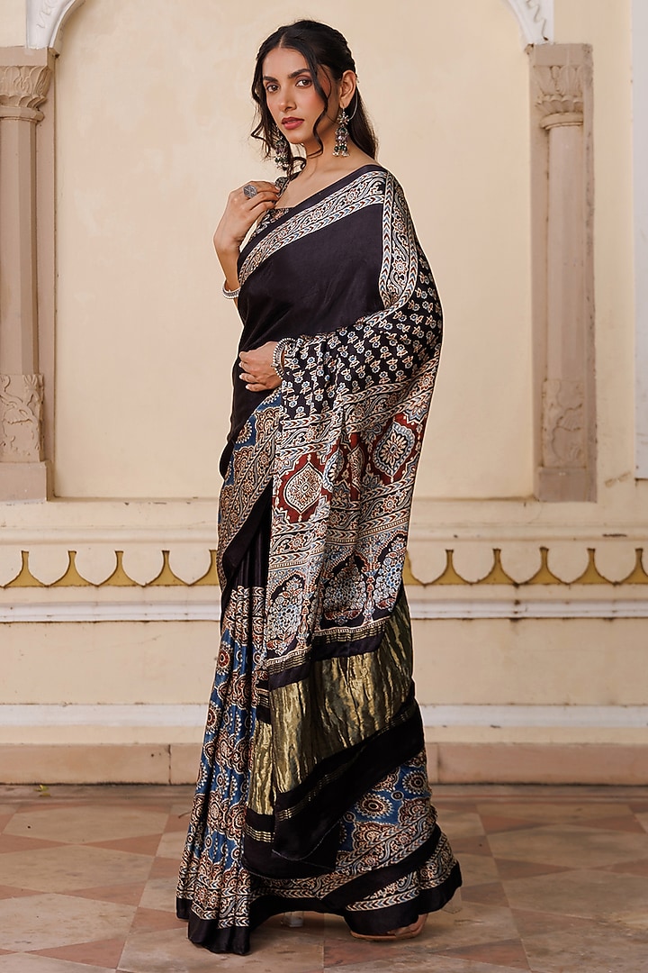 Black Modal Silk Ajrakh Hand Block Printed Wedding Saree Set by Geroo Jaipur at Pernia's Pop Up Shop