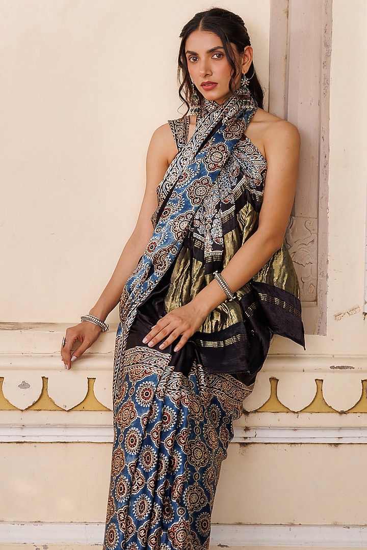 Black Modal Silk Ajrakh Hand Block Printed Wedding Saree Set by Geroo Jaipur at Pernia's Pop Up Shop