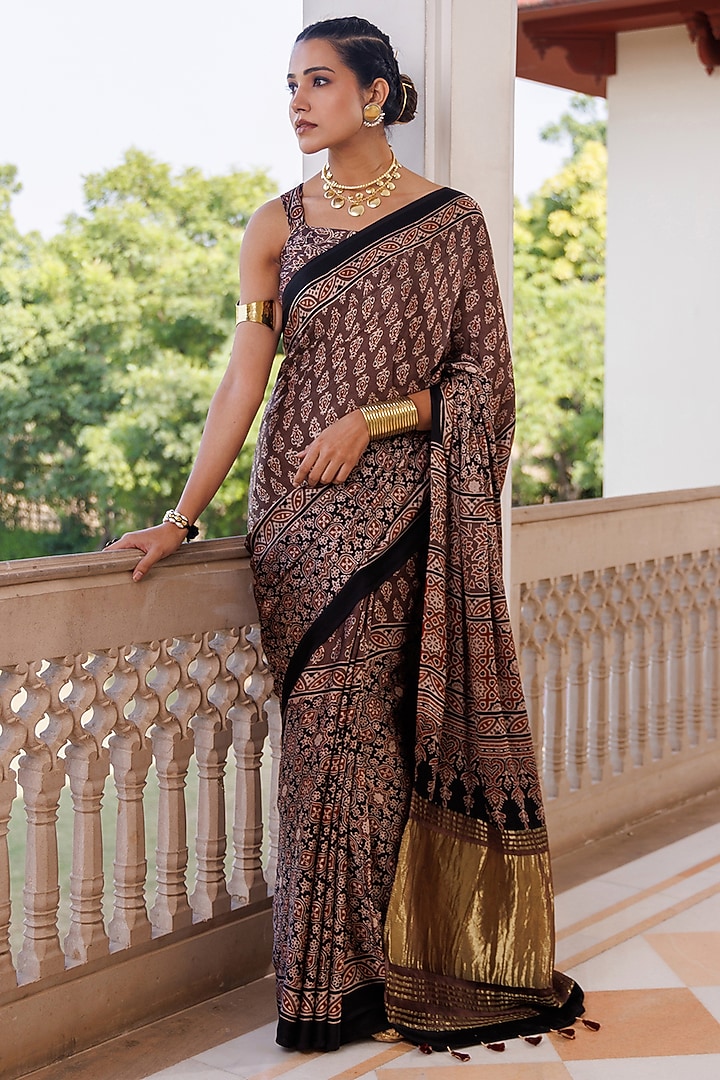 Brown Modal Silk Ajrakh Hand Block Printed Party Wear Saree Set by Geroo Jaipur at Pernia's Pop Up Shop