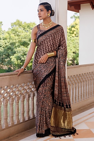 Brown Modal Silk Ajrakh Hand Block Printed Saree Set by Geroo Jaipur