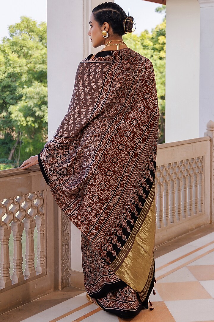 Brown Modal Silk Ajrakh Hand Block Printed Wedding Saree Set by Geroo Jaipur at Pernia's Pop Up Shop