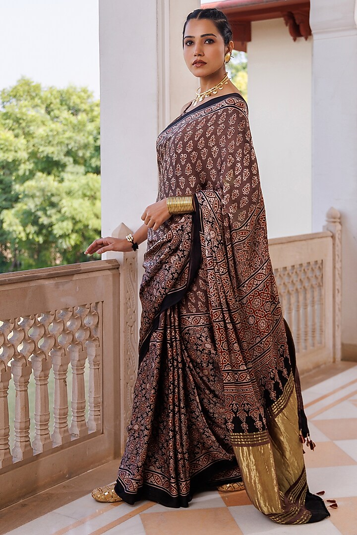 Brown Modal Silk Ajrakh Hand Block Printed Wedding Saree Set by Geroo Jaipur at Pernia's Pop Up Shop
