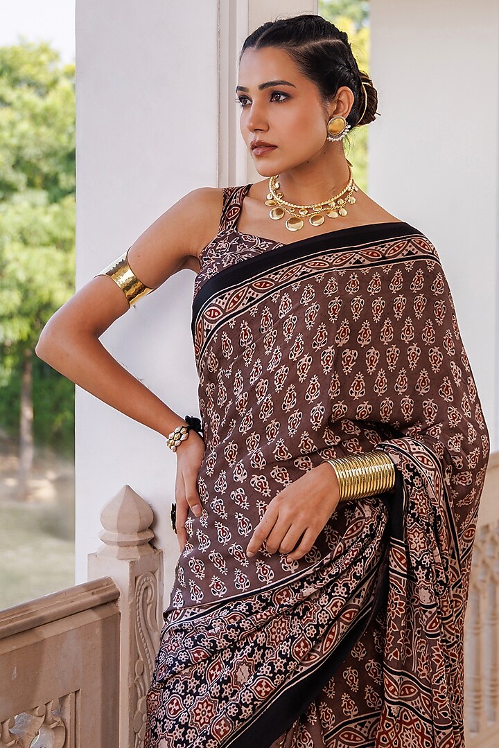 Brown Modal Silk Ajrakh Hand Block Printed Wedding Saree Set by Geroo Jaipur at Pernia's Pop Up Shop