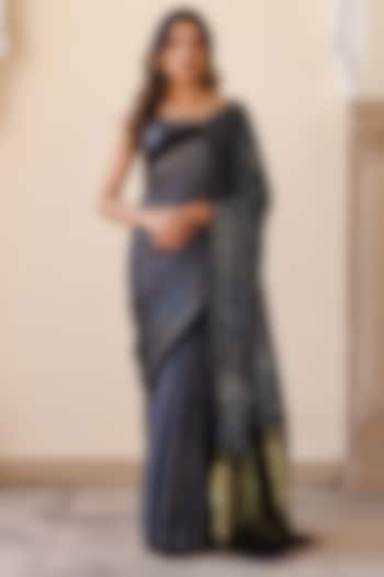 Indigo Modal Silk Ajrakh Hand Block Printed Wedding Saree Set by Geroo Jaipur at Pernia's Pop Up Shop